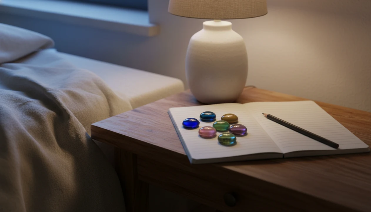 A quiet bedside notebook with colored markers symbolizing emotions named before sleep.