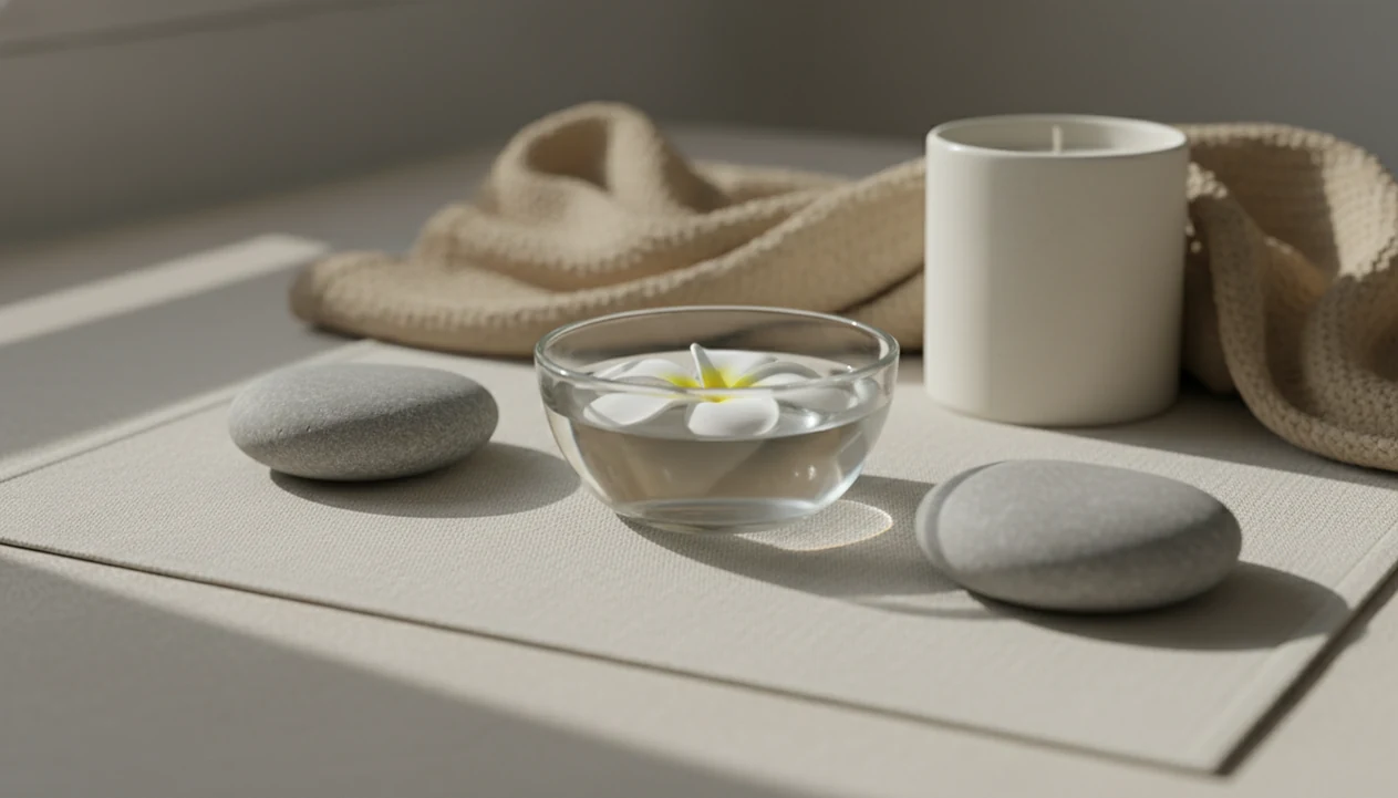 Two stones sit apart on a linen mat with a flower bowl between them, suggesting compassion with boundaries.