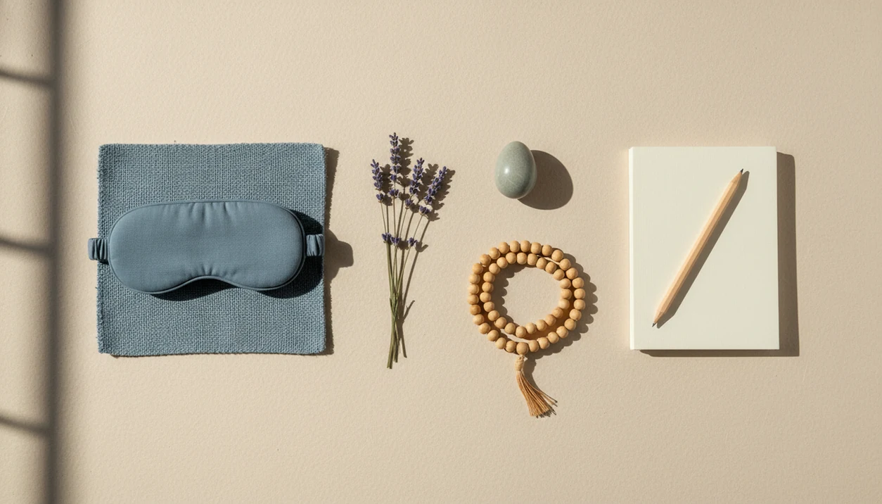 A calm overhead arrangement of meditation objects representing sleep, breathing, focus, and emotional balance.
