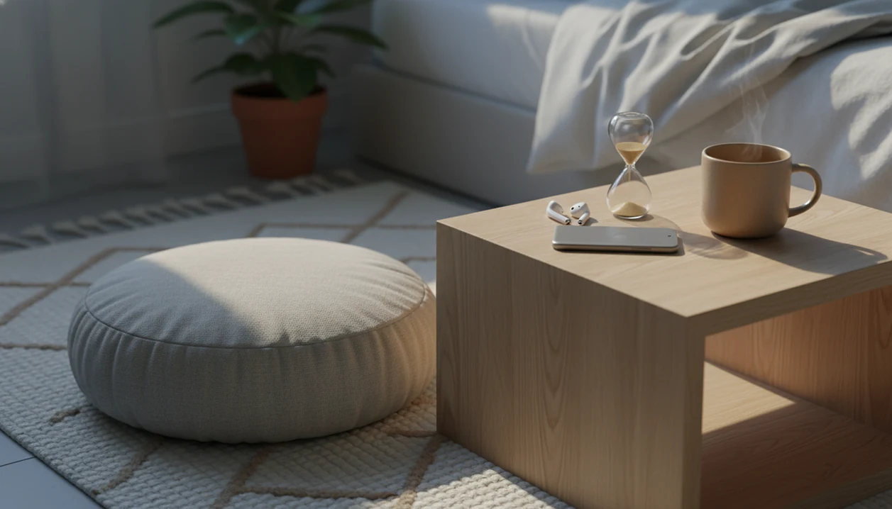 A quiet bedroom corner with a meditation cushion, speaker and dim light on the bedside table.