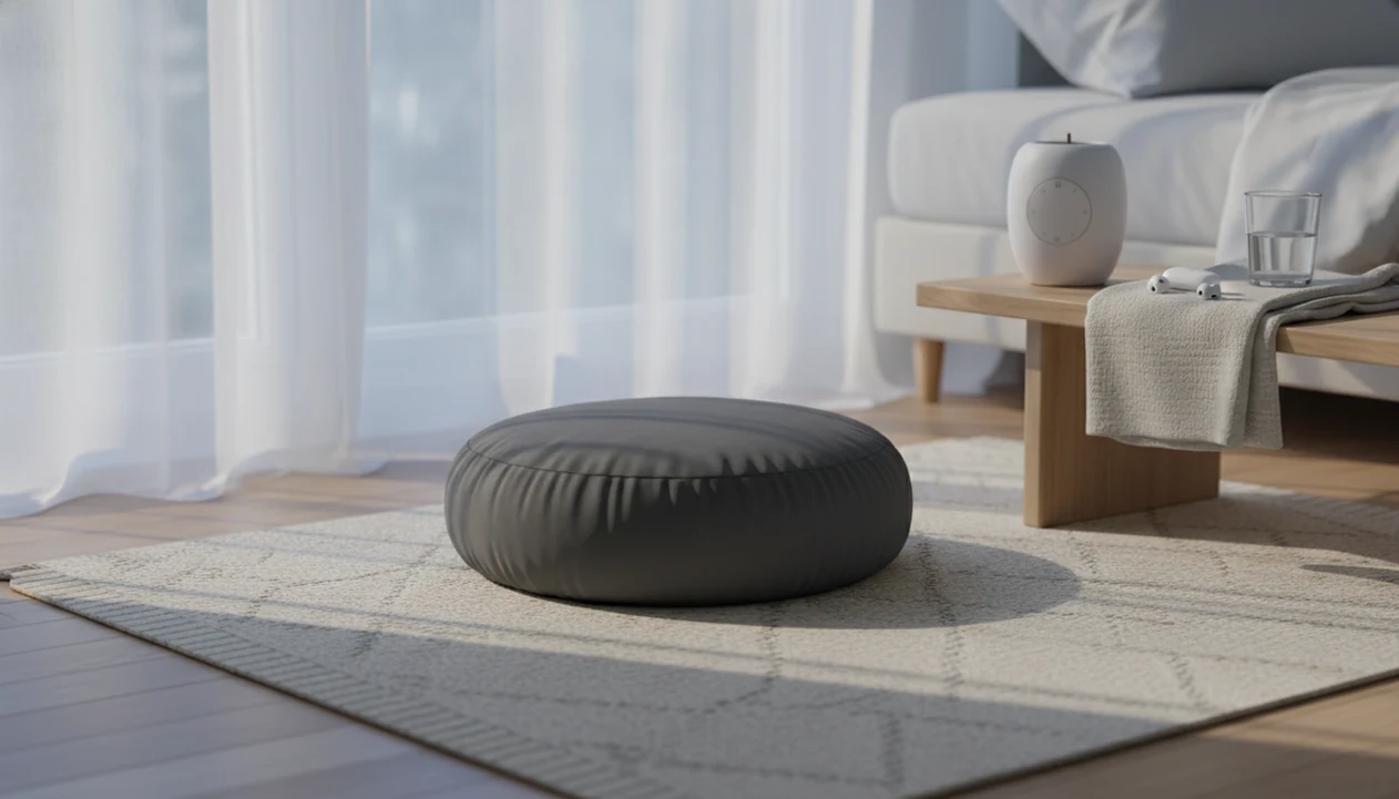 A calm meditation corner with a cushion, timer, blanket, and speaker and dim light on the bedside table.