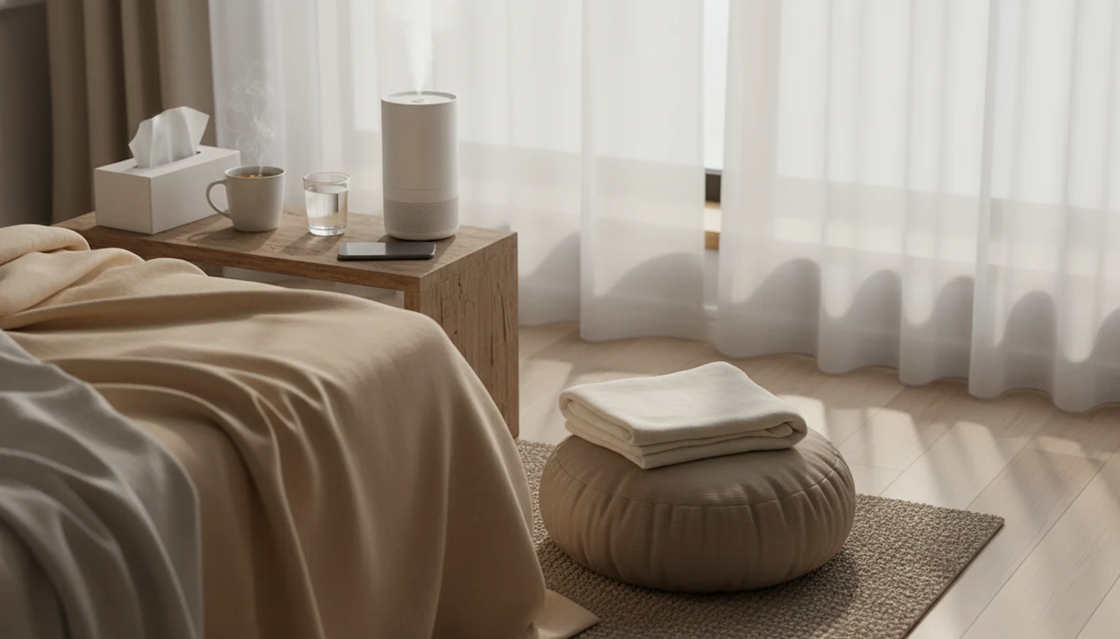A quiet bedroom setup with tea, tissues, water, and a cushion for gentle meditation during a cold.