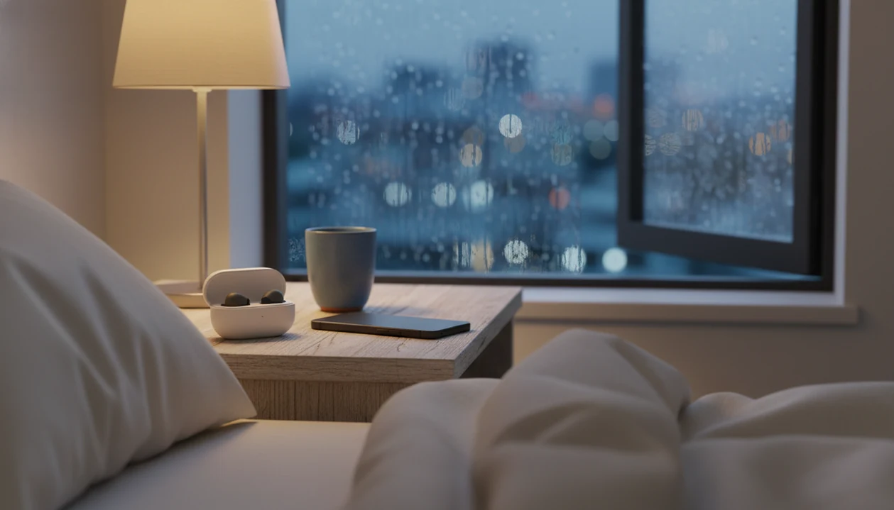 A quiet bedside table with bedside phone with a downloaded calm track.