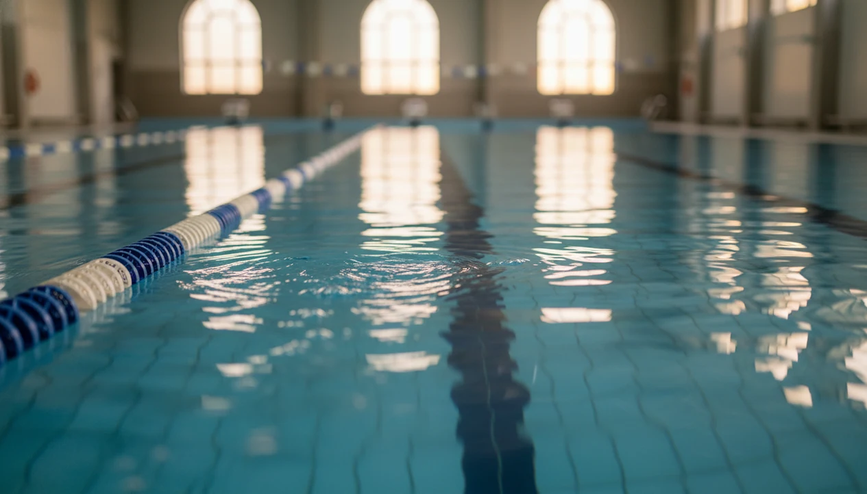 A quiet indoor pool lane with gentle ripples and bubbles in soft morning light.