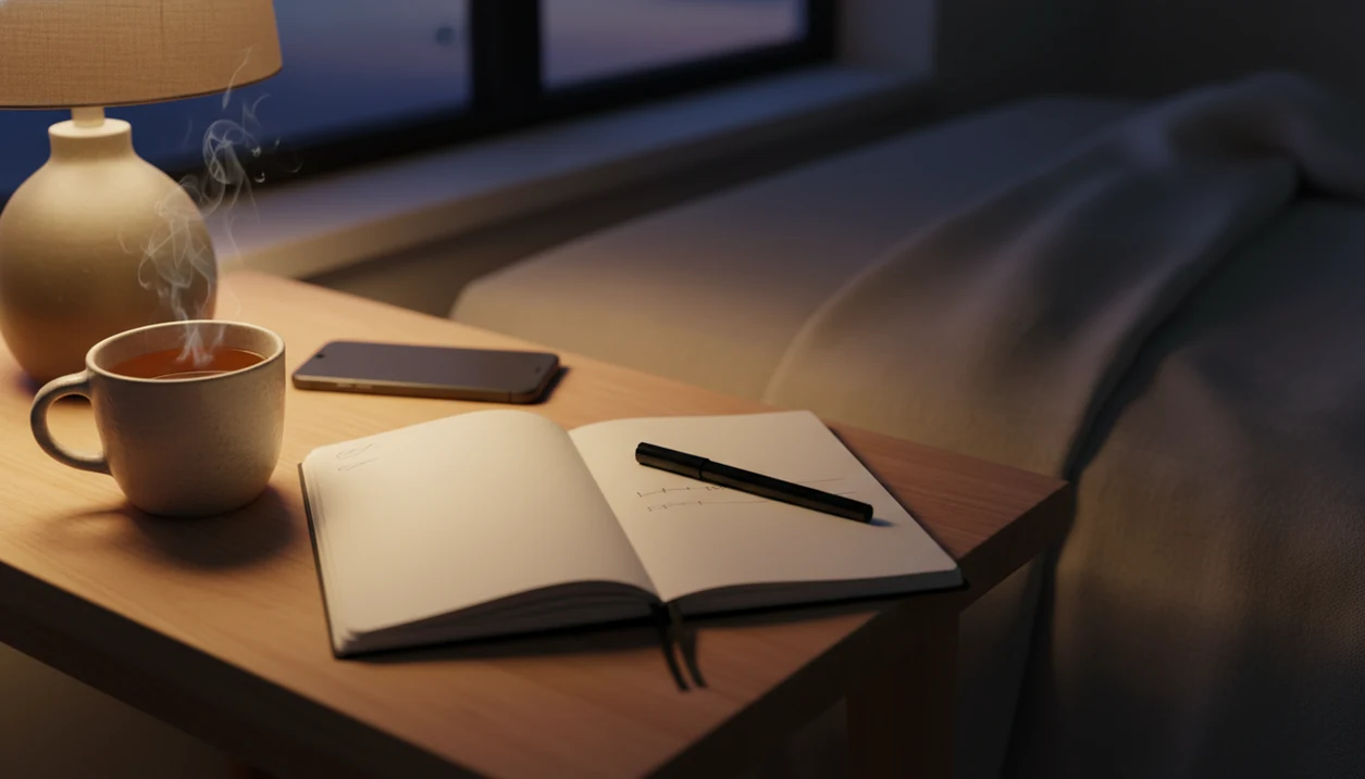 An open notebook, pen, tea, and soft bedside light create a quiet mindful writing scene.