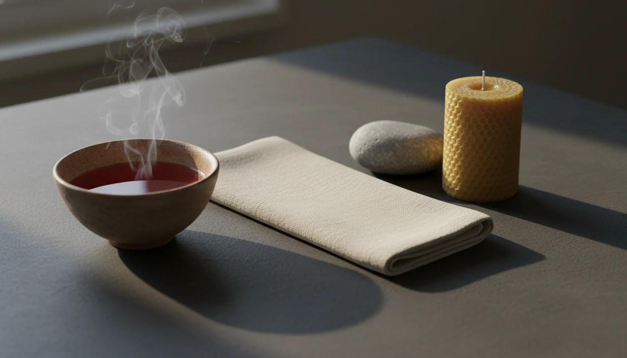 A warm red bowl, smooth stone, candle, and folded cloth symbolize pausing with anger mindfully.