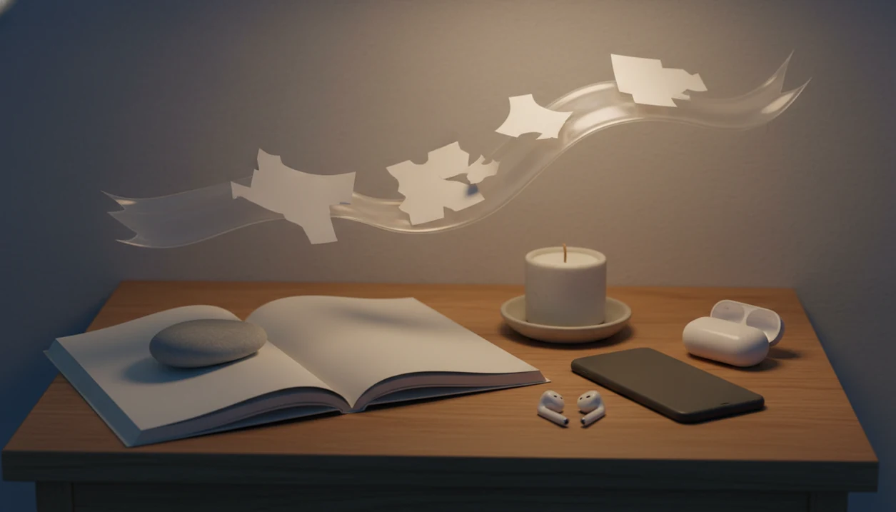A calm bedside still life symbolizes noticing thoughts and choosing a grounded next step.
