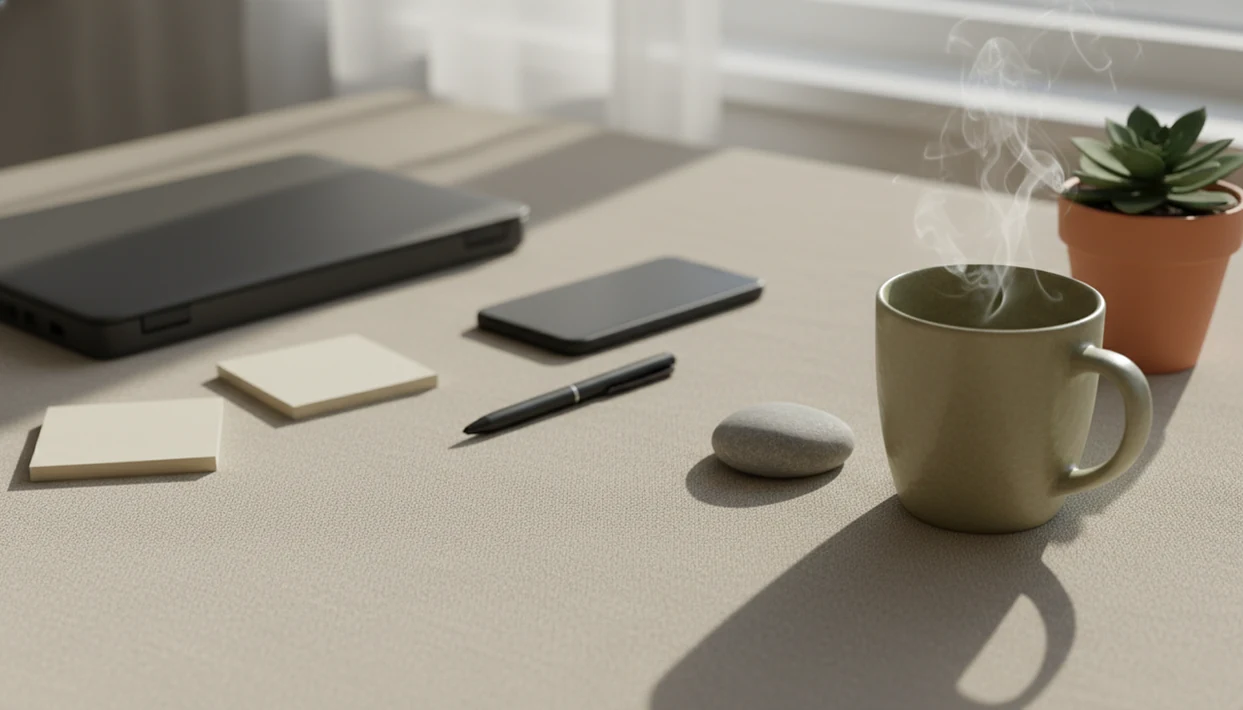 A calm desk scene shifts from scattered task objects to soothing sensory anchors in warm morning light.