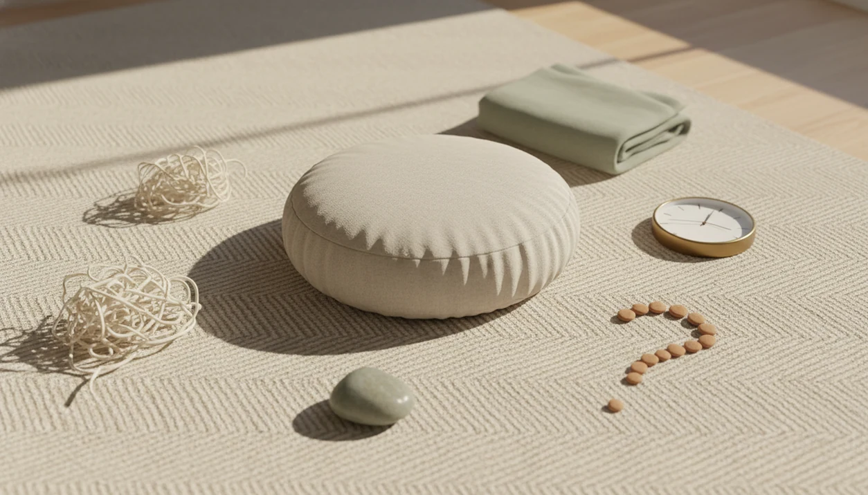 A meditation cushion surrounded by symbolic objects for racing thoughts, restlessness, sleepiness, time, and doubt.