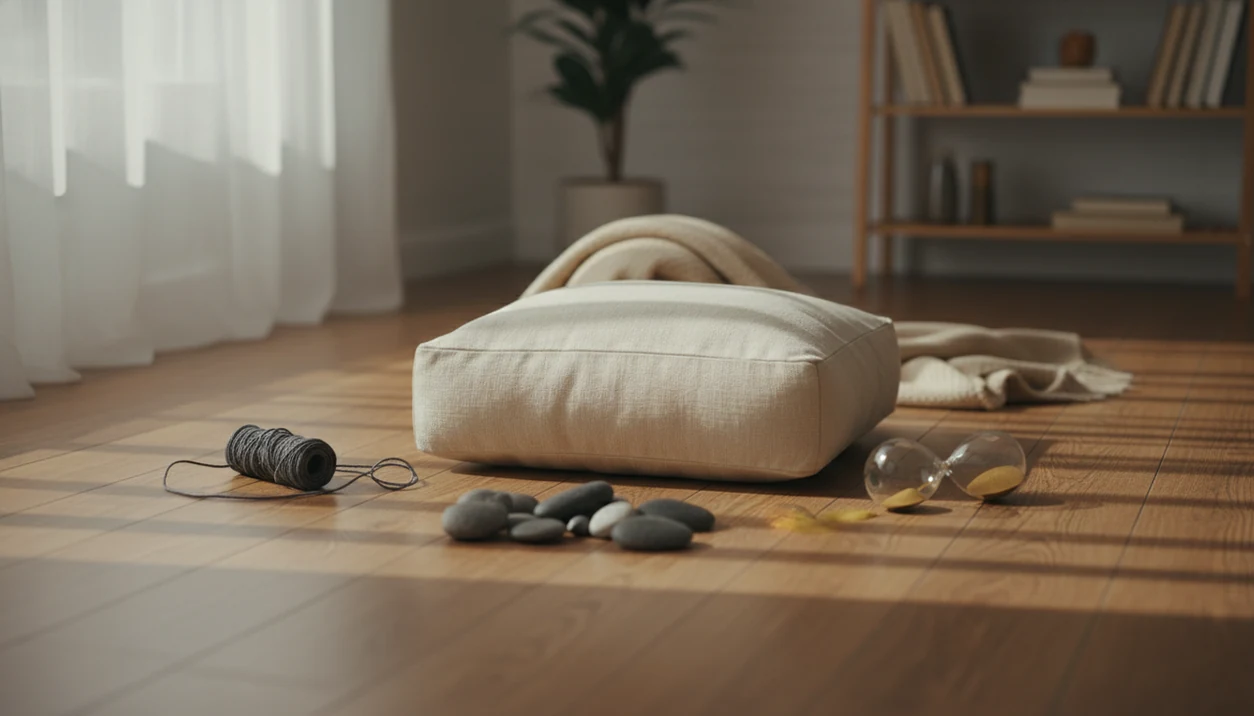 A quiet meditation cushion surrounded by subtle objects symbolizing distraction, fatigue, and doubt.