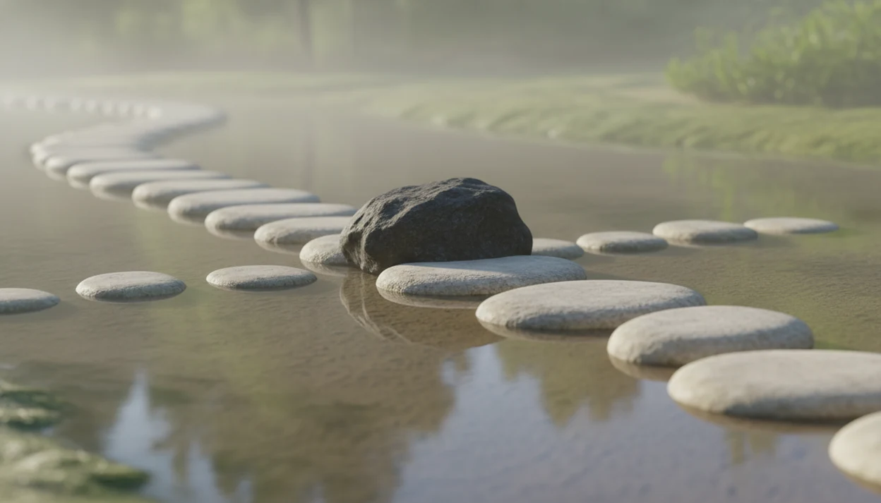 A calm stone path crosses shallow water, with one larger obstacle stone and a clear next step ahead.
