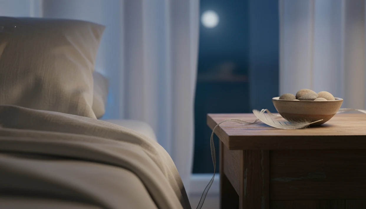 A quiet bedside still life with stones, a feather, and soft moonlight suggesting mindful release.