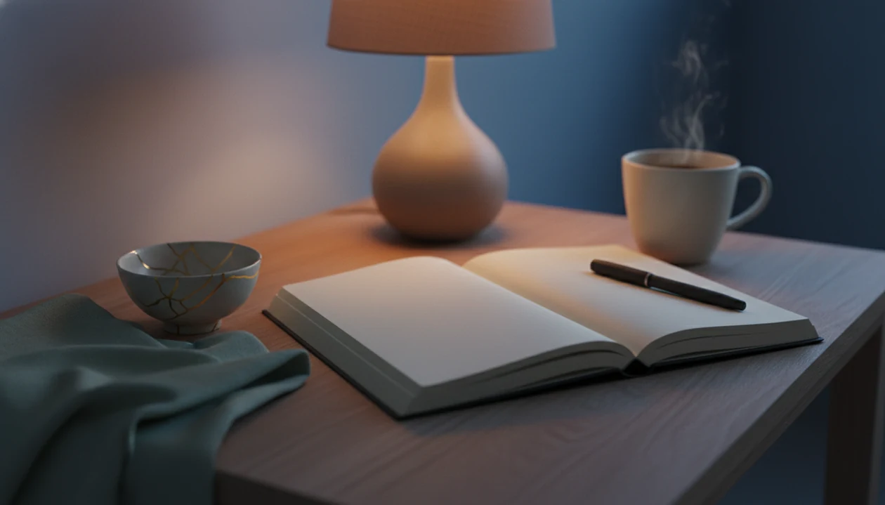 A calm bedside still life with a blank journal, pen, warm mug, and repaired ceramic bowl.