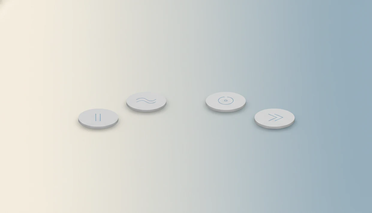 Four abstract stepping stones symbolize pausing, breathing, observing, and proceeding with calm.