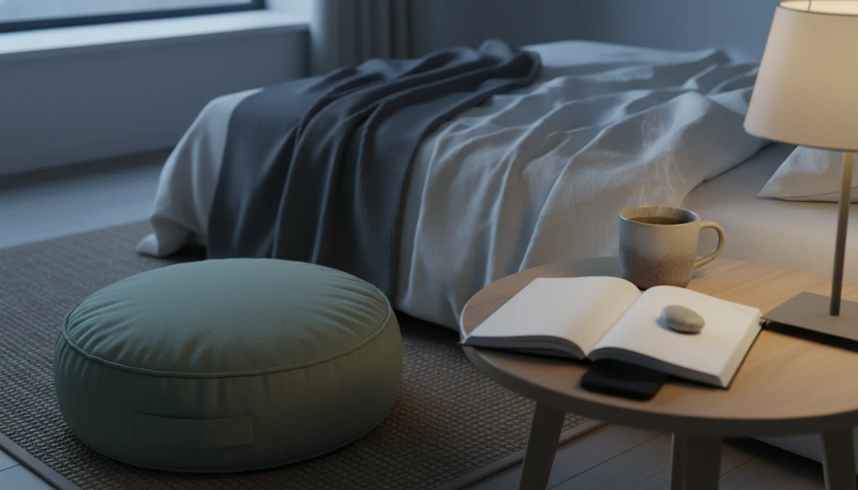 A calm bedroom still life with a cushion, journal, tea, and soft morning light for self-compassion practice.