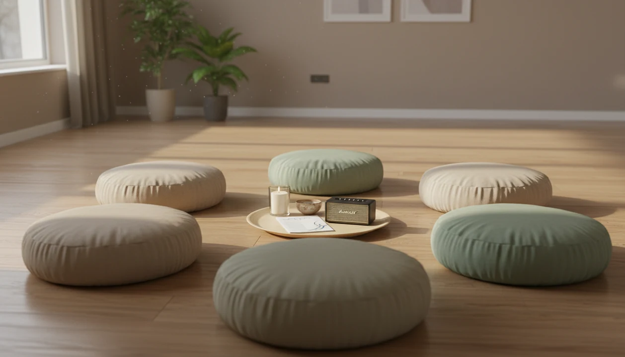 A quiet room set with cushions in a circle for a beginner meditation group session.