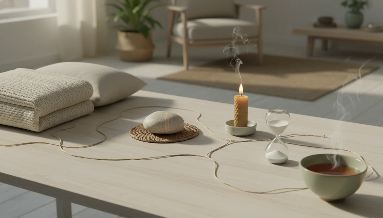 A calm still life uses simple objects to suggest different meditation styles and goals.