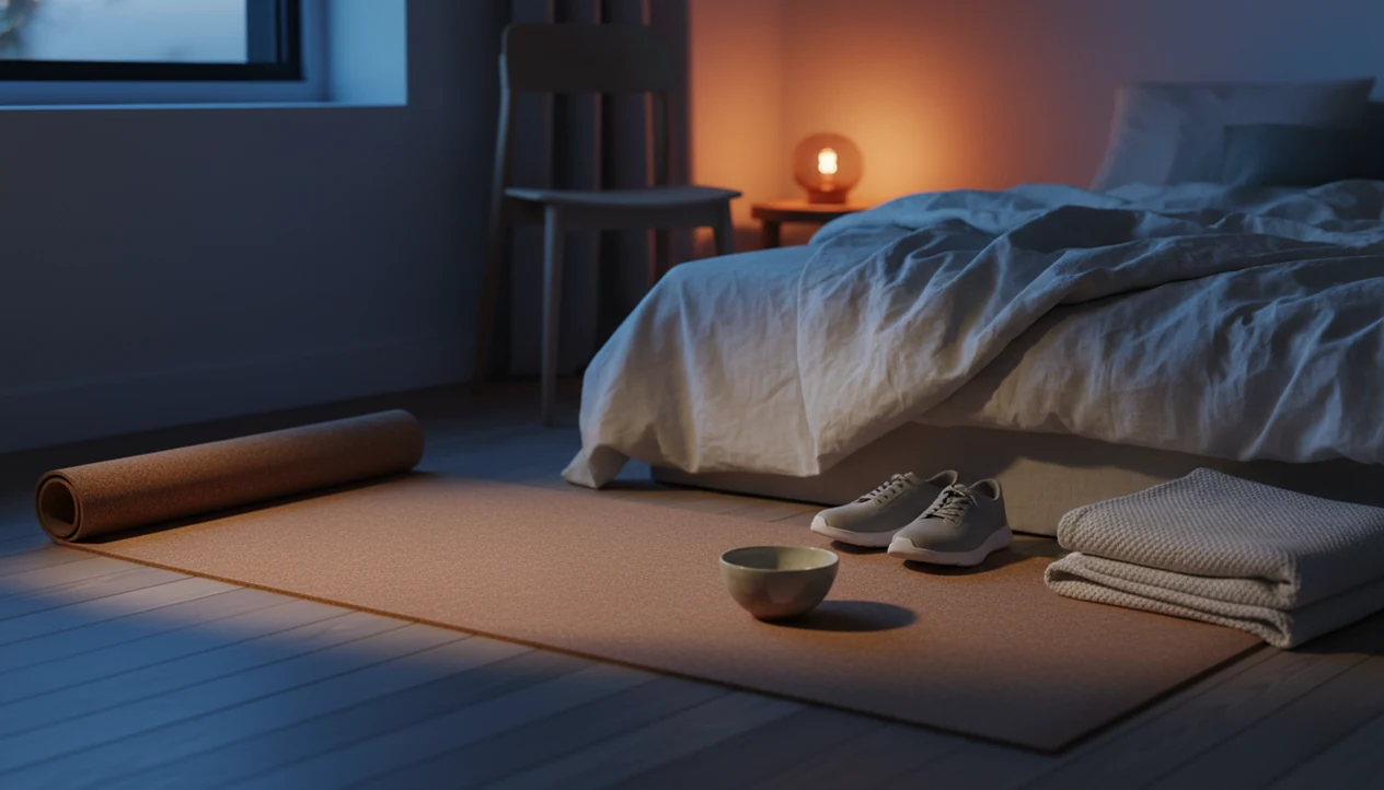 A calm bedroom corner with a yoga mat, walking shoes, chair, and blanket set up for gentle mindful movement.