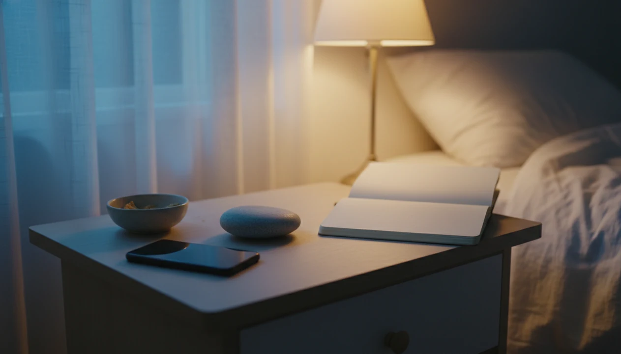 A calm bedside still life shows a phone, snack bowl, blank notebook, and stone suggesting a mindful pause.
