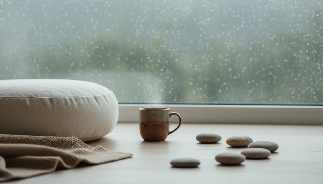 A calm rainy bedroom corner with a meditation cushion, tea, blanket, and four stones arranged in sequence.