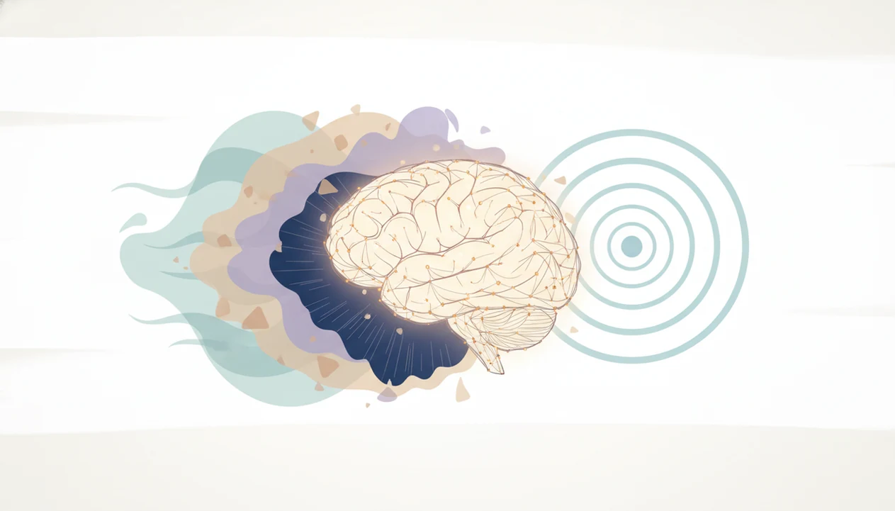 A calm brain silhouette with connected neural lines and soft mindfulness waves suggesting thoughts forming.