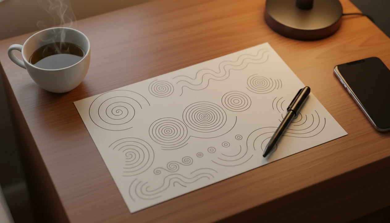 A calm bedside still life with pen, paper, tea, and simple mindful drawing patterns.