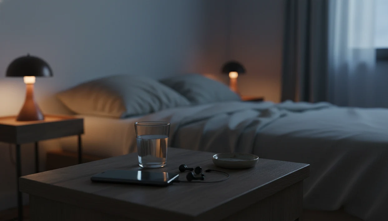 A quiet nightstand with a face-down phone, sleep mask and phone on the nightstand.
