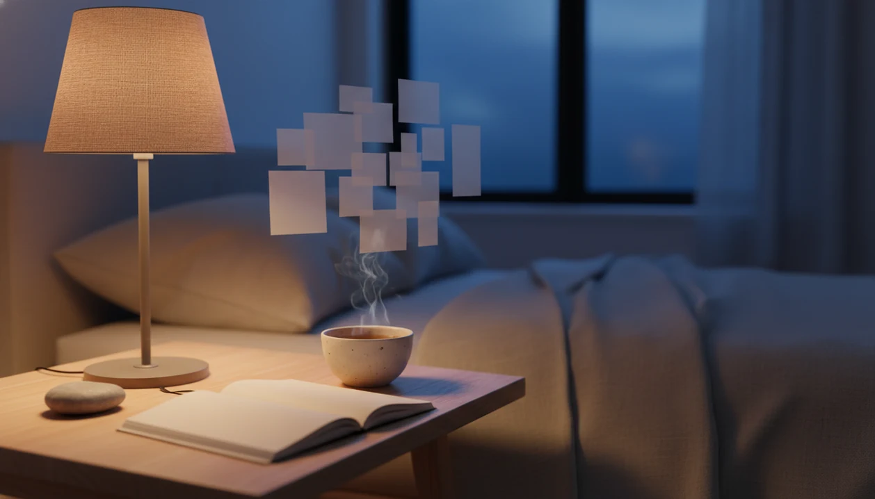 A calm bedside still life shows blank floating papers above a notebook, tea, and a grounding stone.