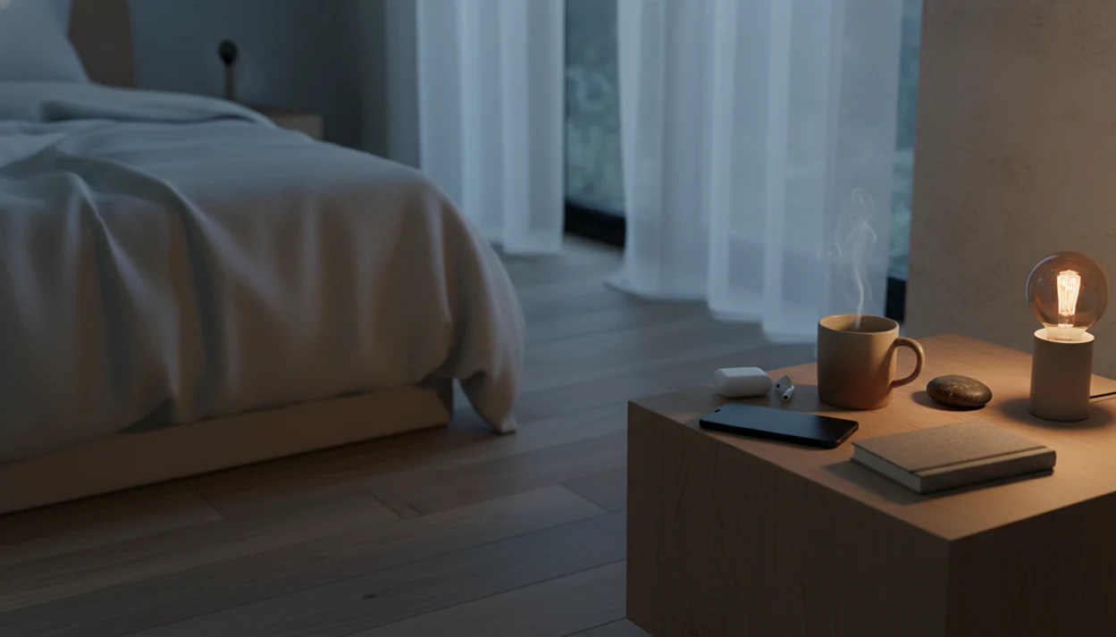 A calm bedside still life with low light, blanket, and phone for guided audio.