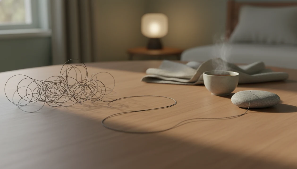 A tangled thread slowly unwinds beside a calm stone and tea cup on a softly lit table.