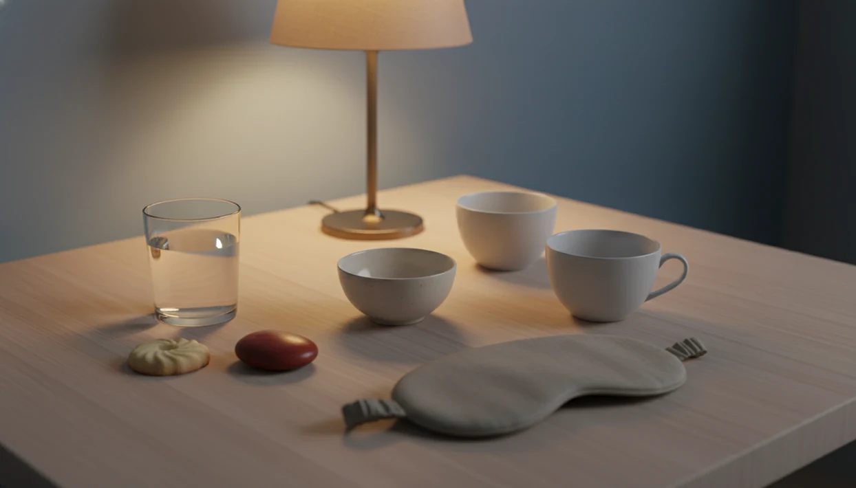 A calm bedside still life shows food, water, a red stone, two cups, and a sleep mask for a mindful HALT check-in.