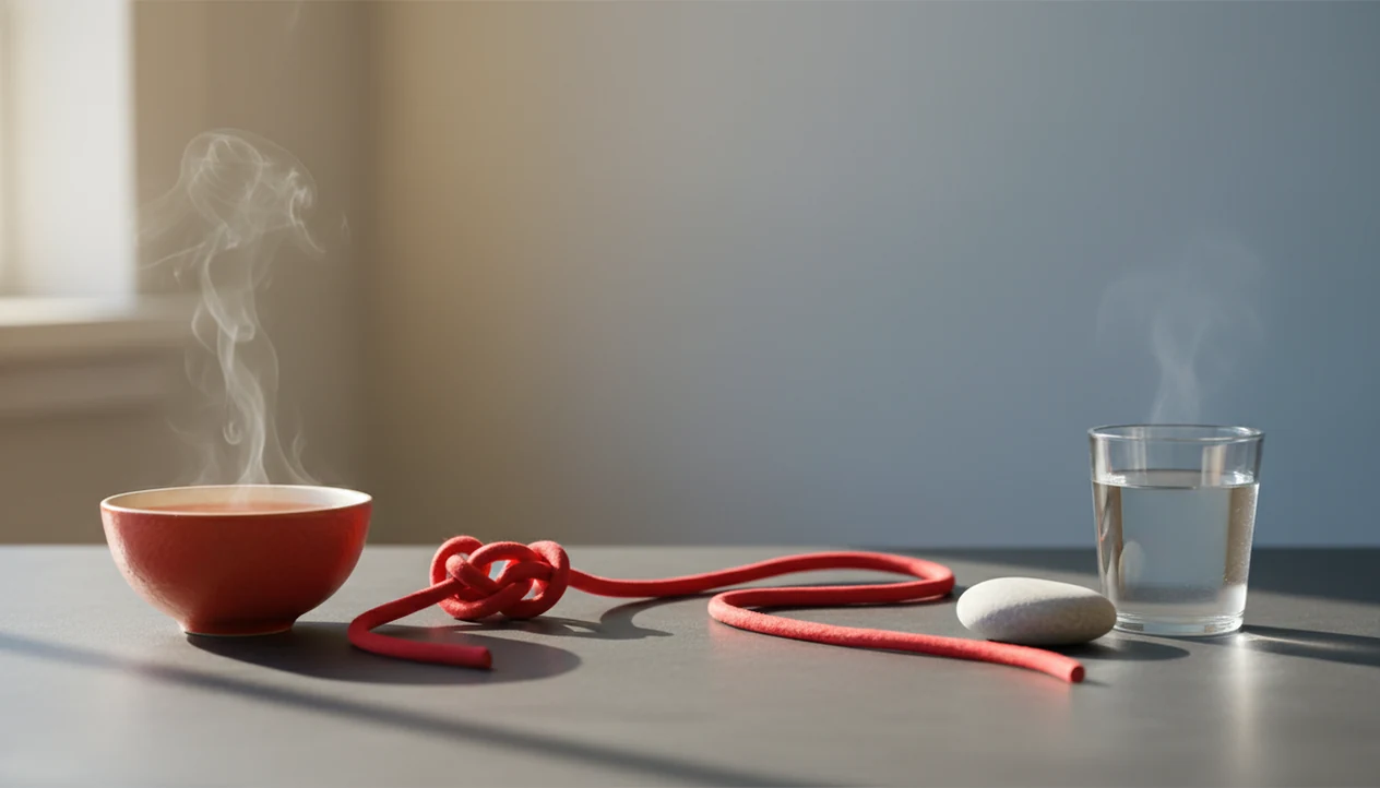 A calm still life shows steam, a tangled red cord, a smooth stone, and water as symbols of anger settling.