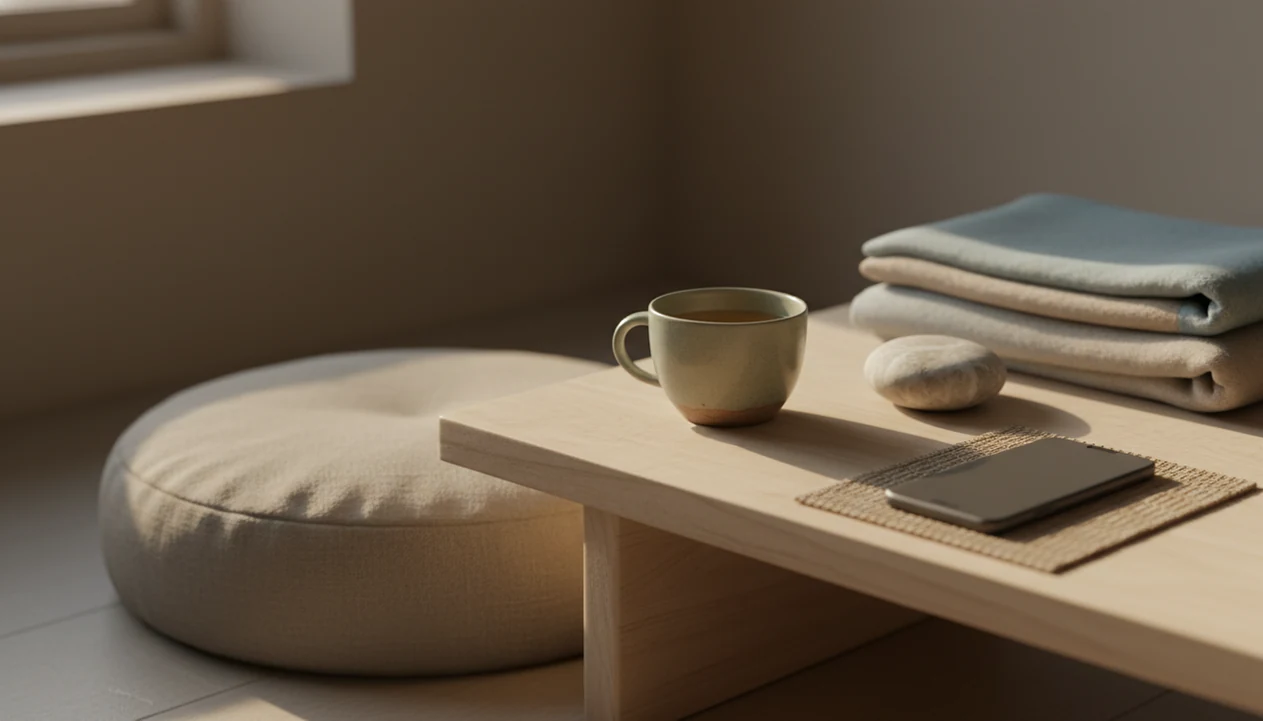 A quiet meditation corner with a cushion, tea, blanket, stone, and phone in soft morning light.