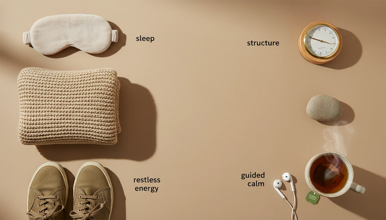A calm flat lay of meditation objects arranged to suggest different practice styles and needs.