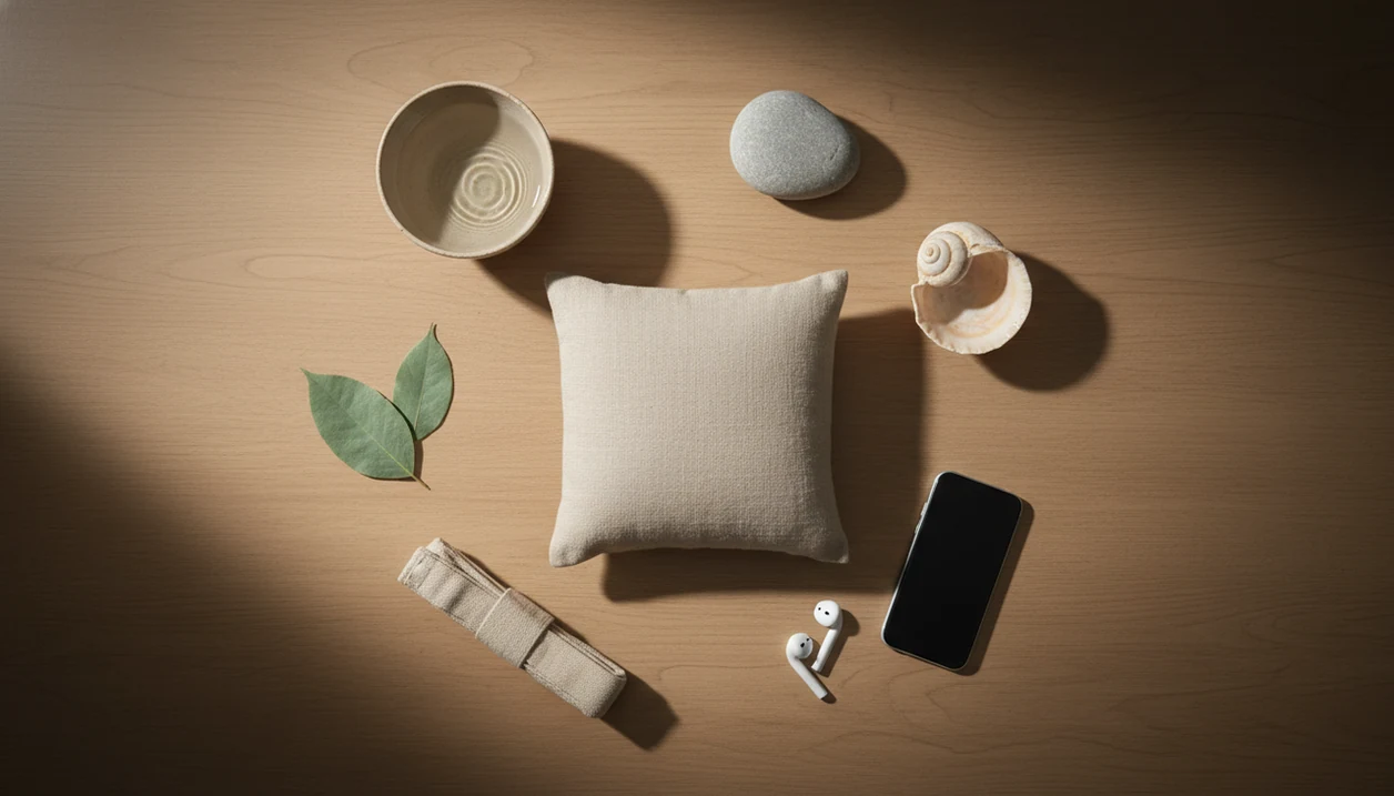 A calm flat lay shows six symbolic objects around a cushion, representing different mindfulness practices.
