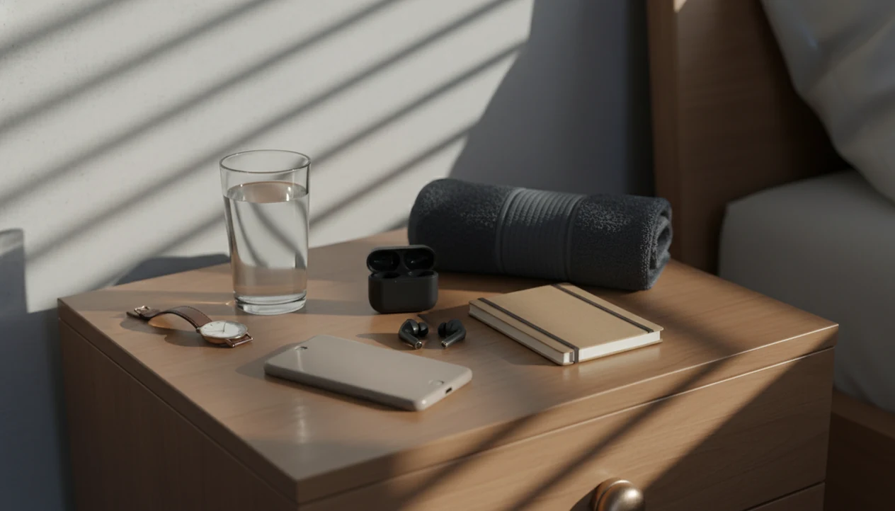 A calm bedside desk with phone on the nightstand with sleep audio ready.