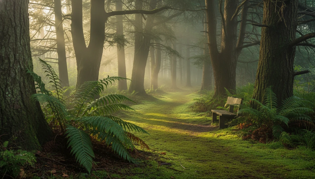 A quiet mossy forest path with ferns, a bench, and soft morning light filtering through tall trees.