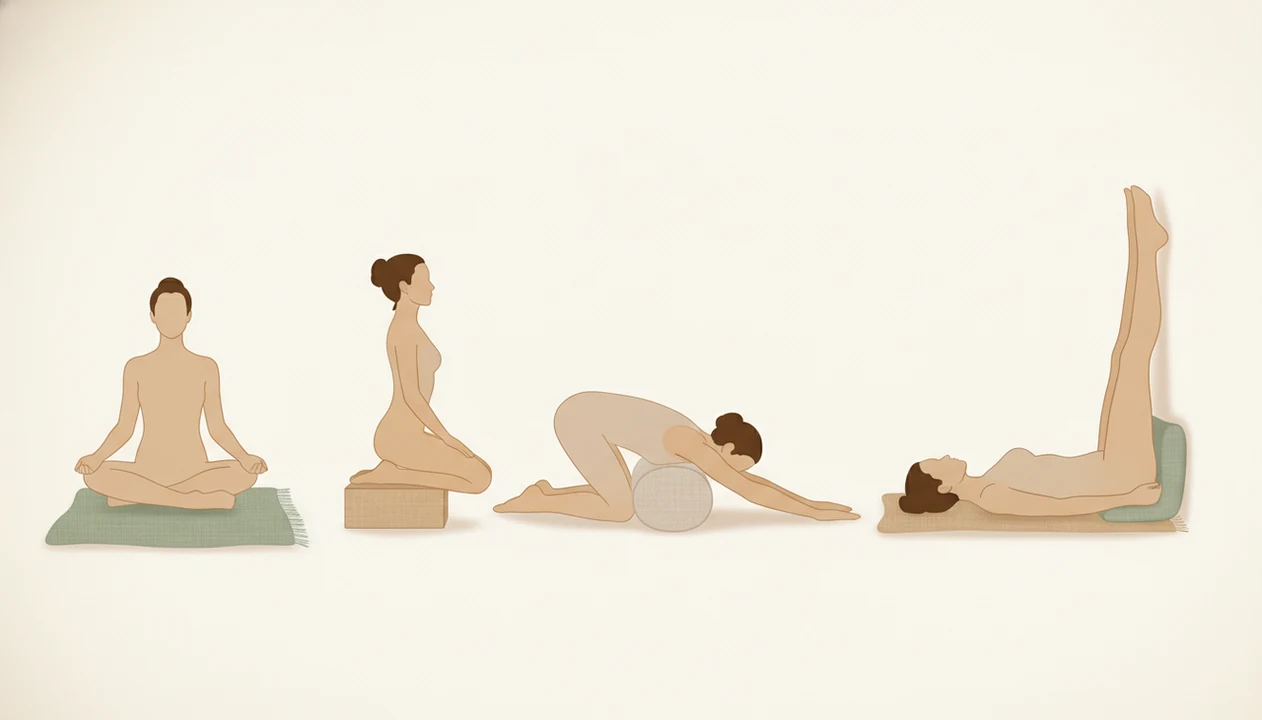 A calm illustrated guide showing five supported yoga poses for meditation with cushions, a block, and a wall.