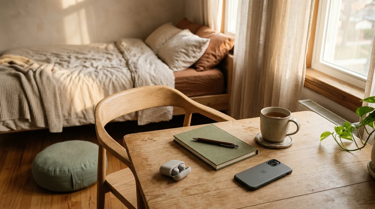 A calm morning desk with low light, blanket, and phone for guided audio.