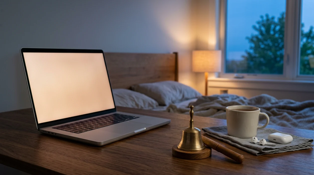 A quiet bedside desk with a laptop, meditation bell, sleep mask and phone on the nightstand.