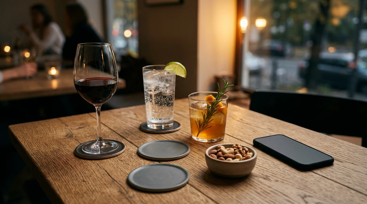 A calm table setting shows wine, sparkling water, food, and alcohol-free drink choices.