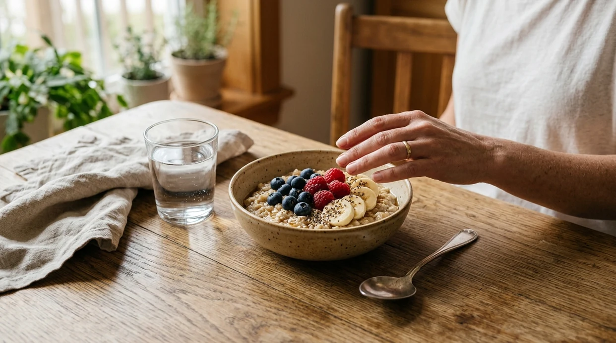 A calm breakfast table shows oatmeal, fruit, water, and a hand pausing before eating.