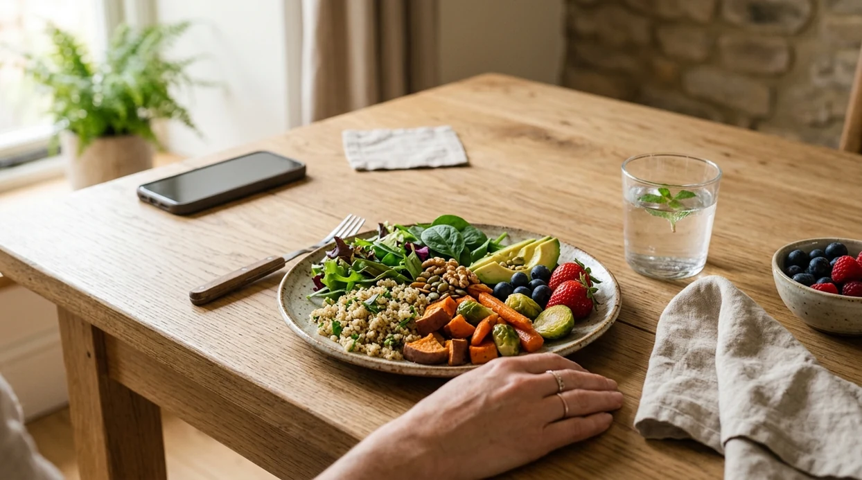 A calm table setting shows a balanced meal and a paused hand before eating mindfully.