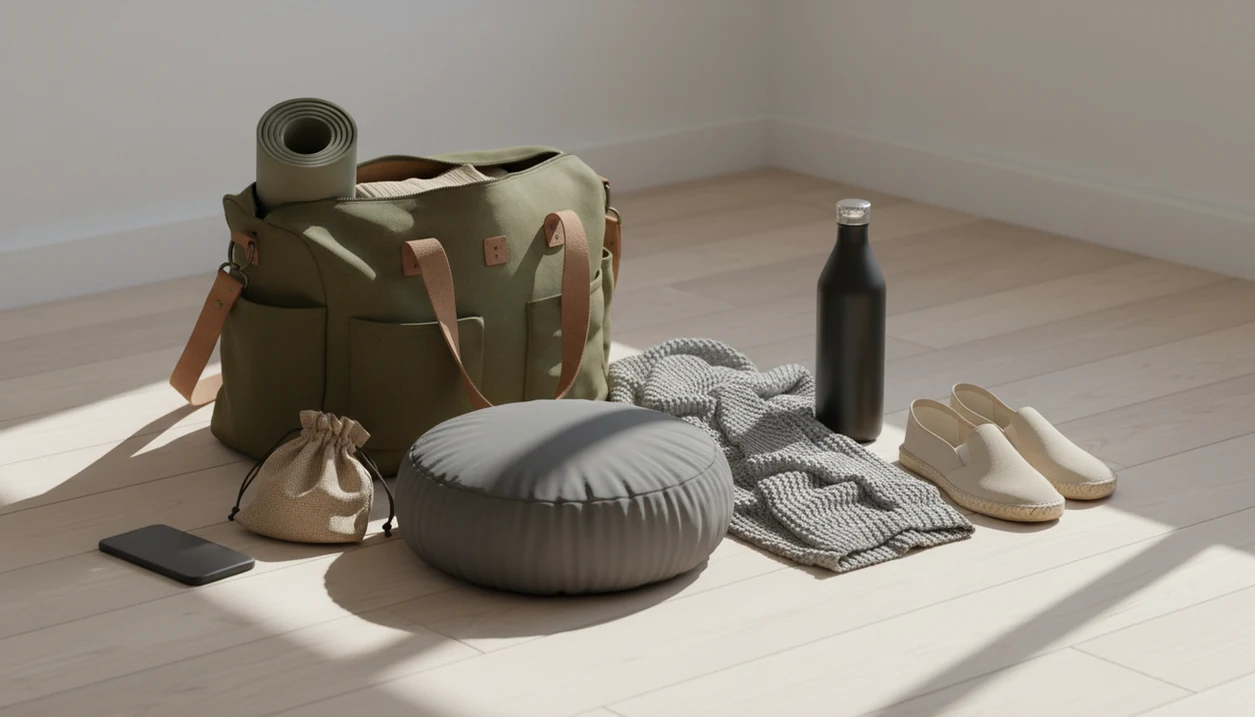 A calm retreat packing scene with a cushion, blanket, water bottle, shoes, and an open canvas bag.