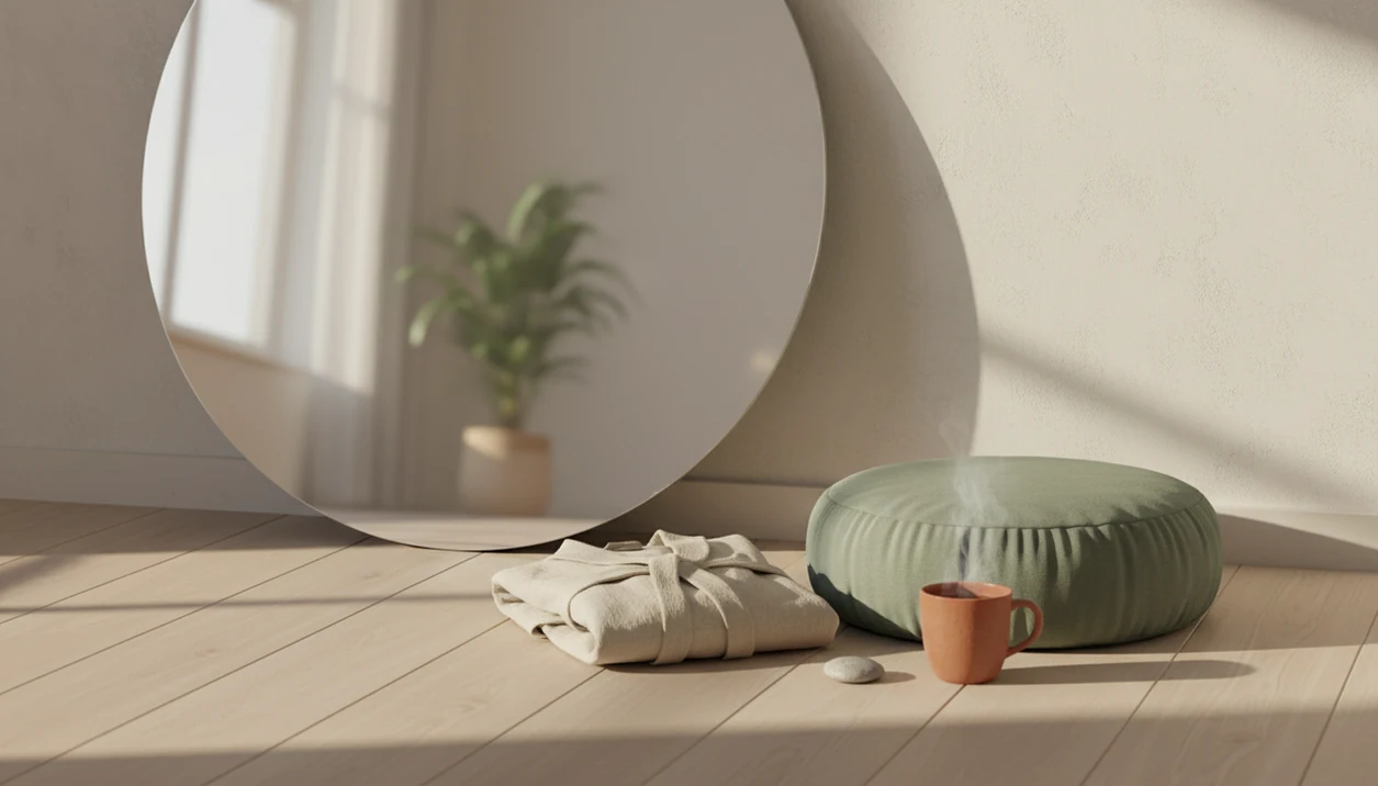 A calm bedroom still life with a mirror, meditation cushion, tea, and folded robe in soft morning light.