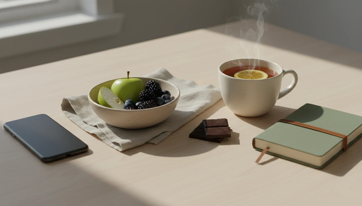 A calm kitchen table with fruit, chocolate, tea, a journal, and a phone face down, suggesting a mindful pause.