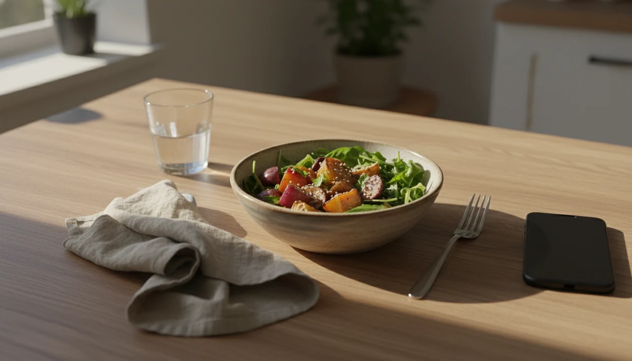 A quiet meal setting with a bowl, fork, water glass, and phone face down to suggest a mindful pause.