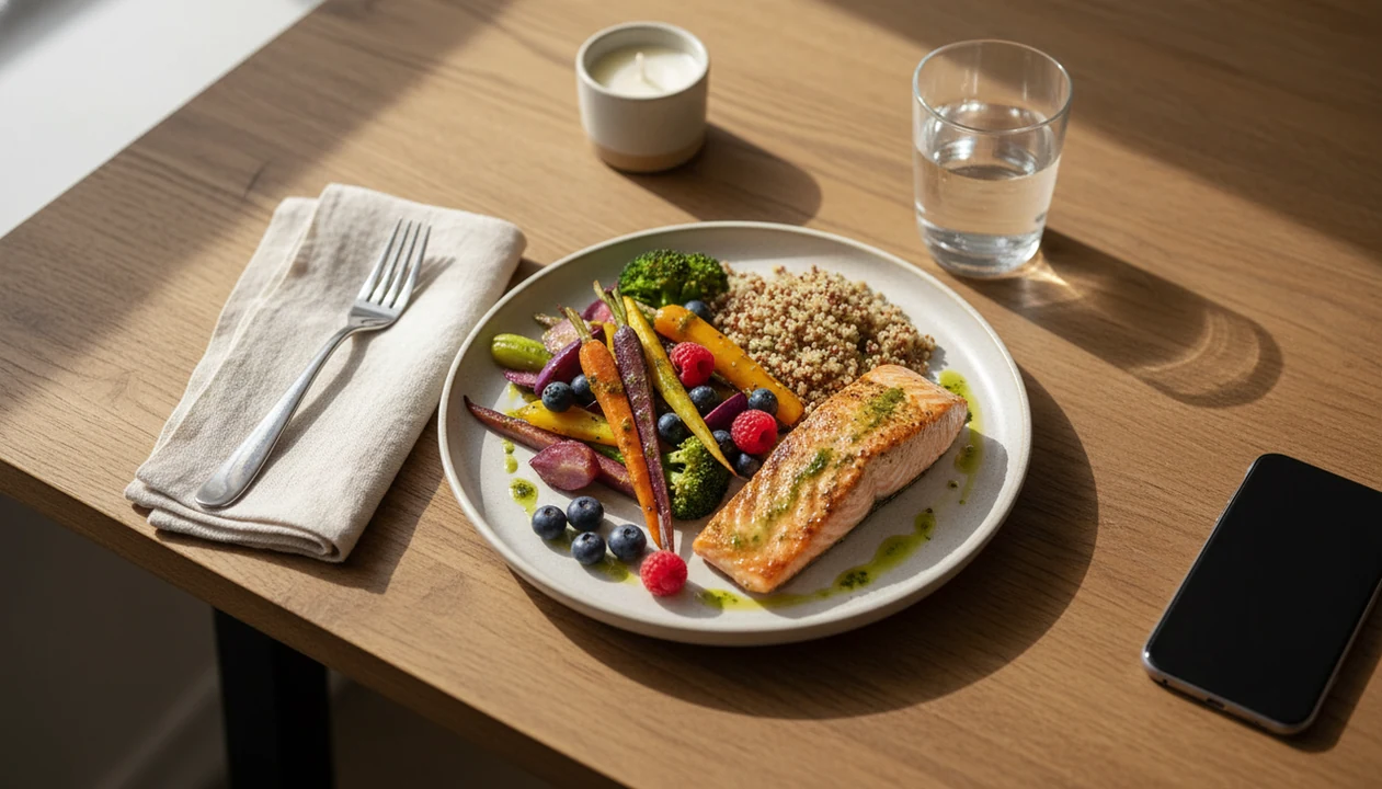 A calm balanced meal setting with a fork at rest, water, candle, and phone turned face-down.
