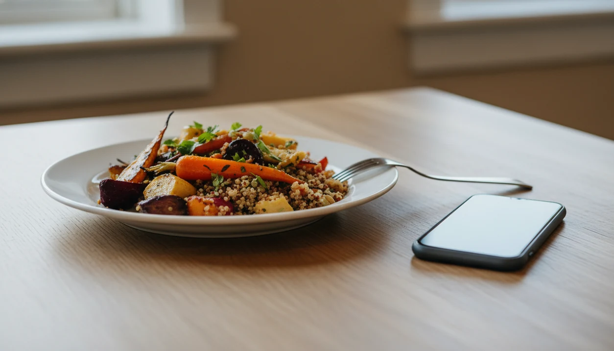 A colorful meal sits in focus beside a blurred phone on a quiet wooden table.