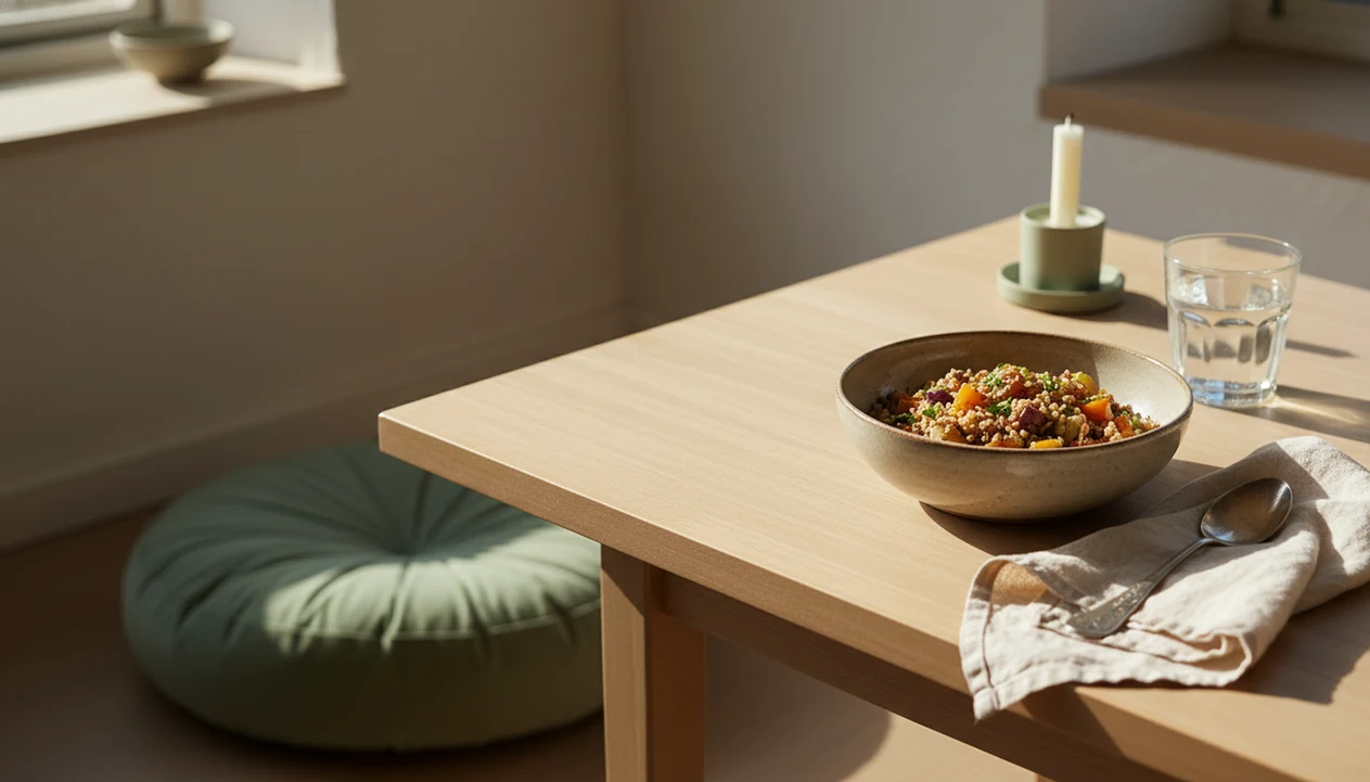 A calm table setting with a simple meal, water, and soft morning light for mindful eating.